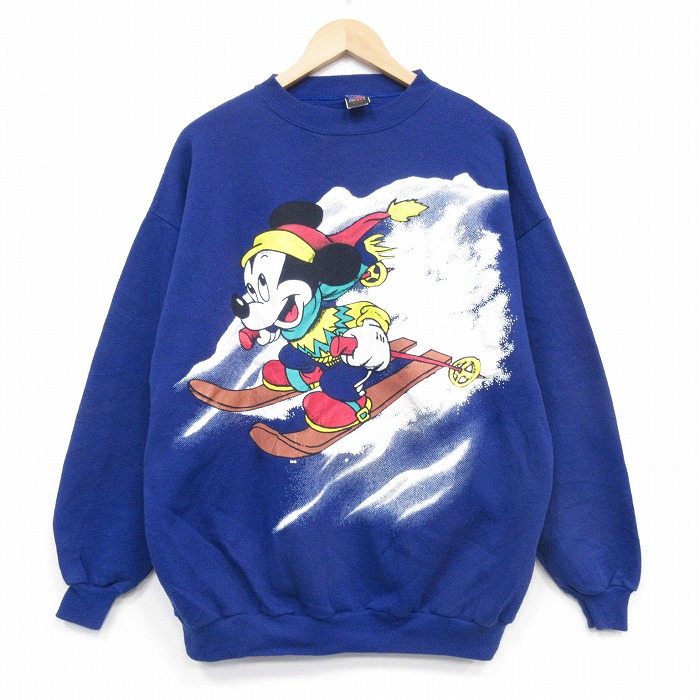 【中古】古着 長袖 スウェット メンズ 90年代 90s ディズニー ミッキー スキー クルーネック USA製 ブルー【spe】 26may15｜古着屋RushOut