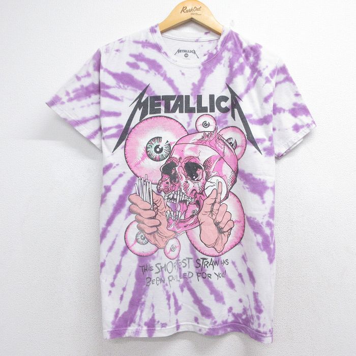 【中古】古着 メタリカ 半袖Tシャツ メンズ Mサイズ スカルパスヘッド ホワイトタイダイ ロックバンド グラフィック アメカジ ストリート カジュアル きれいめ ヴィンテージ レトロ｜古着屋RushOut