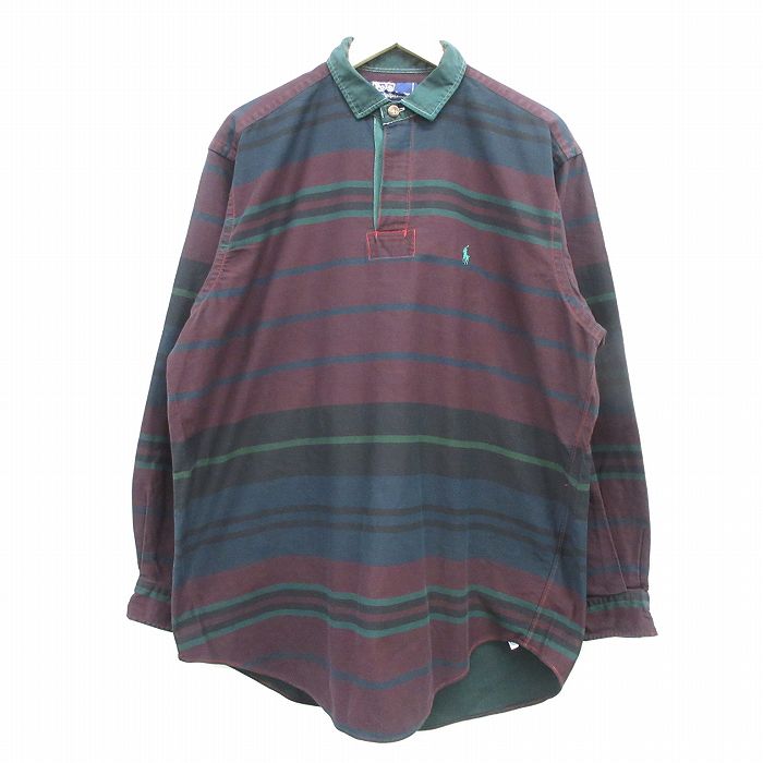 【中古】古着 ラルフローレン 90s 90年代 長袖シャツ メンズ XLサイズ バーガンディボーダー ワンポイントロゴ Ralph Lauren アメカジ ストリート カジュアル きれいめ｜古着屋RushOut 7,913円
