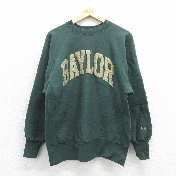 【中古】古着 長袖 チャンピオン Champion リバースウィーブ メンズ 90年代 90s BAYLOR クルーネック グリーン【spe】 26jul10|古着屋RushOut