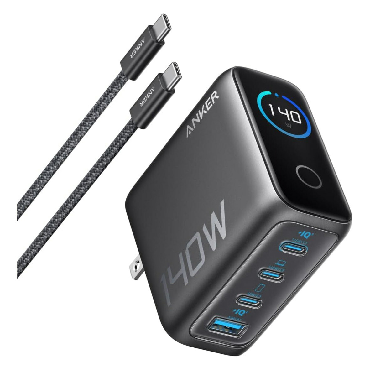 Anker Charger (140W, 4 Ports) with USB-C \u0026 USB-C 有線テレビ 暗然たる薄墨色