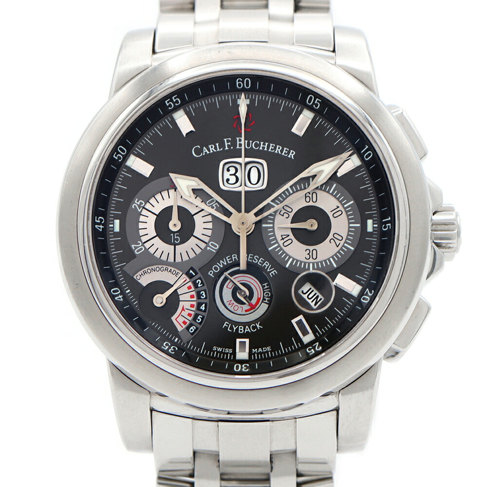 CARL F.BUCHERER カール・エフ・ブヘラ パトラビ クロノグラード 00.10623.08.33.21 クロノグラフ パワーリザーブ 裏スケ 50m防水 デイト 黒 ブラック SS ステンレス メンズ 自動巻き【6ヶ月保証】【腕時計】【中古】