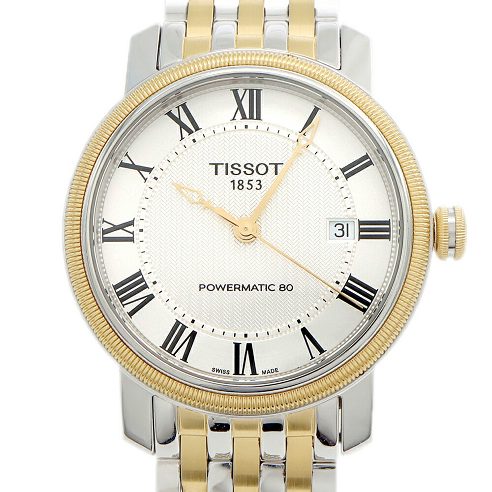 TISSOT ティソ T-Classic ブリッジポート パワーマチック80 T097407A デイト 50m防水 裏スケ シルバー YGP イエローゴールド SS ステンレス コンビ メンズ 自動巻き【6ヶ月保証】【腕時計】【中古】