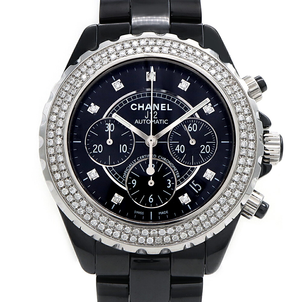CHANEL シャネル J12 クロノグラフ 41mm 2重ダイヤベゼル H2419 9Pダイヤ ダイヤモンド 200m防水 デイト 黒 ブラック CE セラミック SS ステンレス アフターダイヤ メンズ 自動巻き【6ヶ月保証】【腕時計】【中古】
