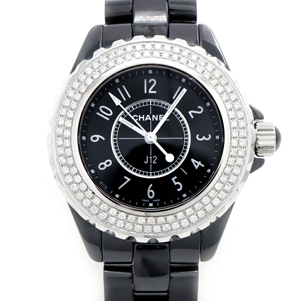 電池交換済 CHANEL シャネル J12 33mm ダイヤベゼル H0682 ダイヤモンド デイト 200m防水 黒 ブラック CE セラミック SS ステンレス アフターダイヤ レディース クォーツ【6ヶ月保証】【腕時計】【中古】