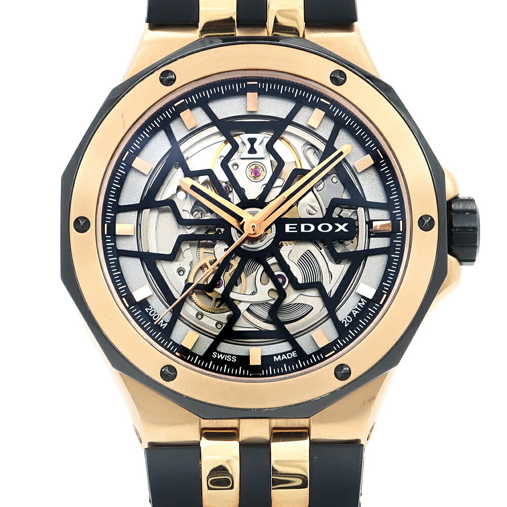 内部的読み合わせる済 EDOX エドックス デルフィン 仕組みノ オートマティック 85303-357RN-NRN 200m雨合羽 スケルトン SS ステンレス鋼 サクラ色ゴールドPVD 完全無欠胴締め 完全無欠尾錠 メンズ 自動小銃一巻き【6ヶ月引き受ける】【ウオッチ】【中古】
