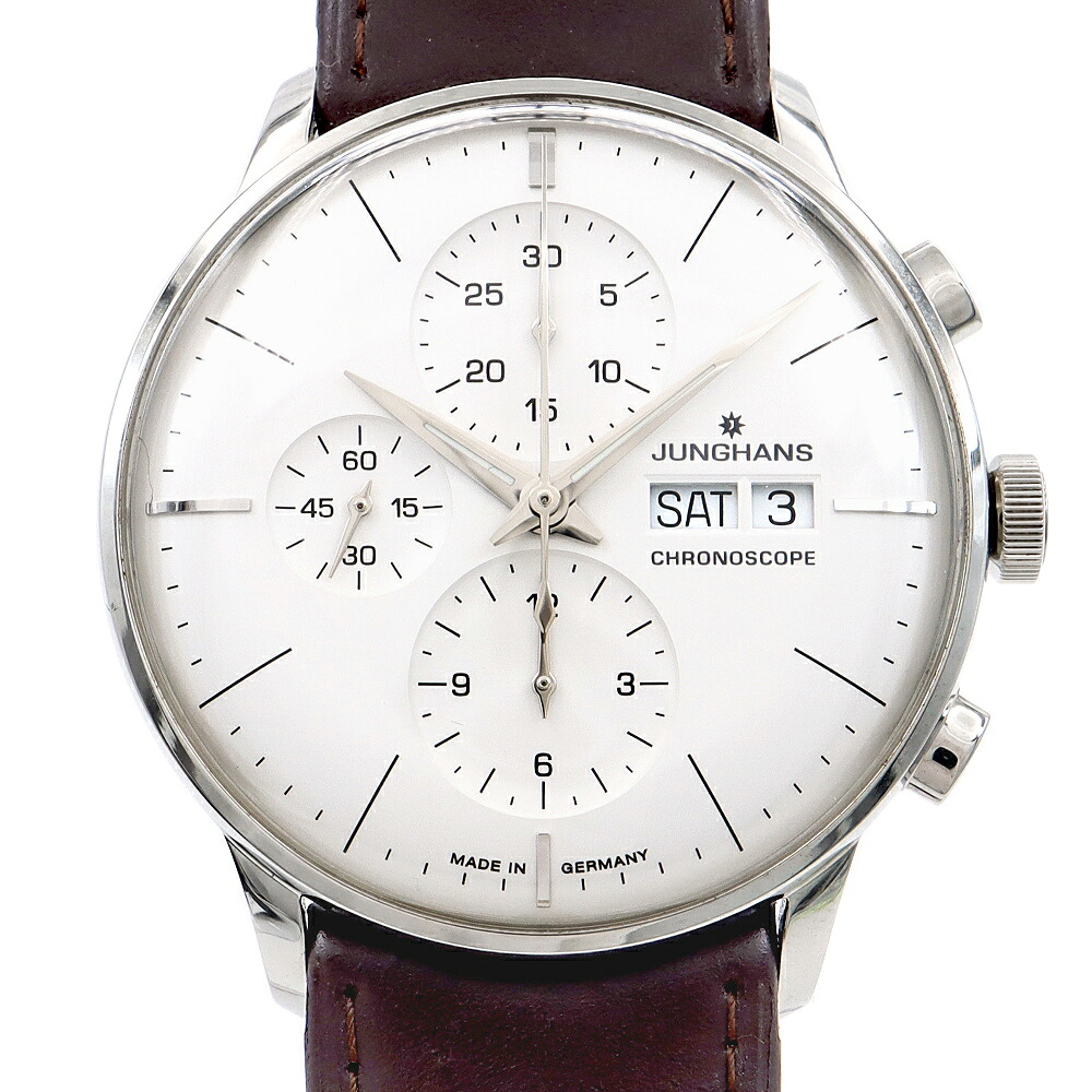 JUNGHANS ユンハンス クロノスコープ クロノグラフ 027/4121.45 30m雨合羽 デイデイト 裏スケ しろがね色 SS ステンレス鋼 完全無欠胴締め 完全無欠尾錠 メンズ 自動小銃一巻き【6ヶ月引き受ける】【ウオッチ】【中古】