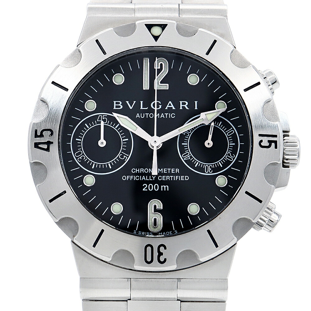 BVLGARI ブル小峡谷 ディアゴノ スクーバ クロノグラフ SCB38S 200m雨合羽 黒 黒いこと SS ステンレス鋼 メンズ 自動小銃一巻き【6ヶ月引き受ける】【ウォッチ】【中古】