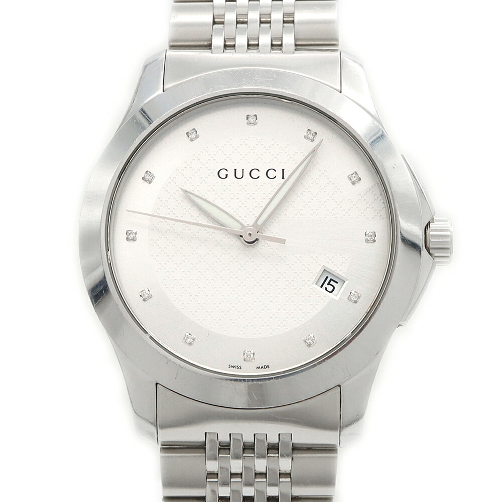電池交換済 GUCCI グッチ Gタイムレス YA126404 ダイヤモンド 12Pダイヤ デイト シルバー SS ステンレス メンズ クォーツ【6ヶ月保証】【腕時計】【中古】 34,437円