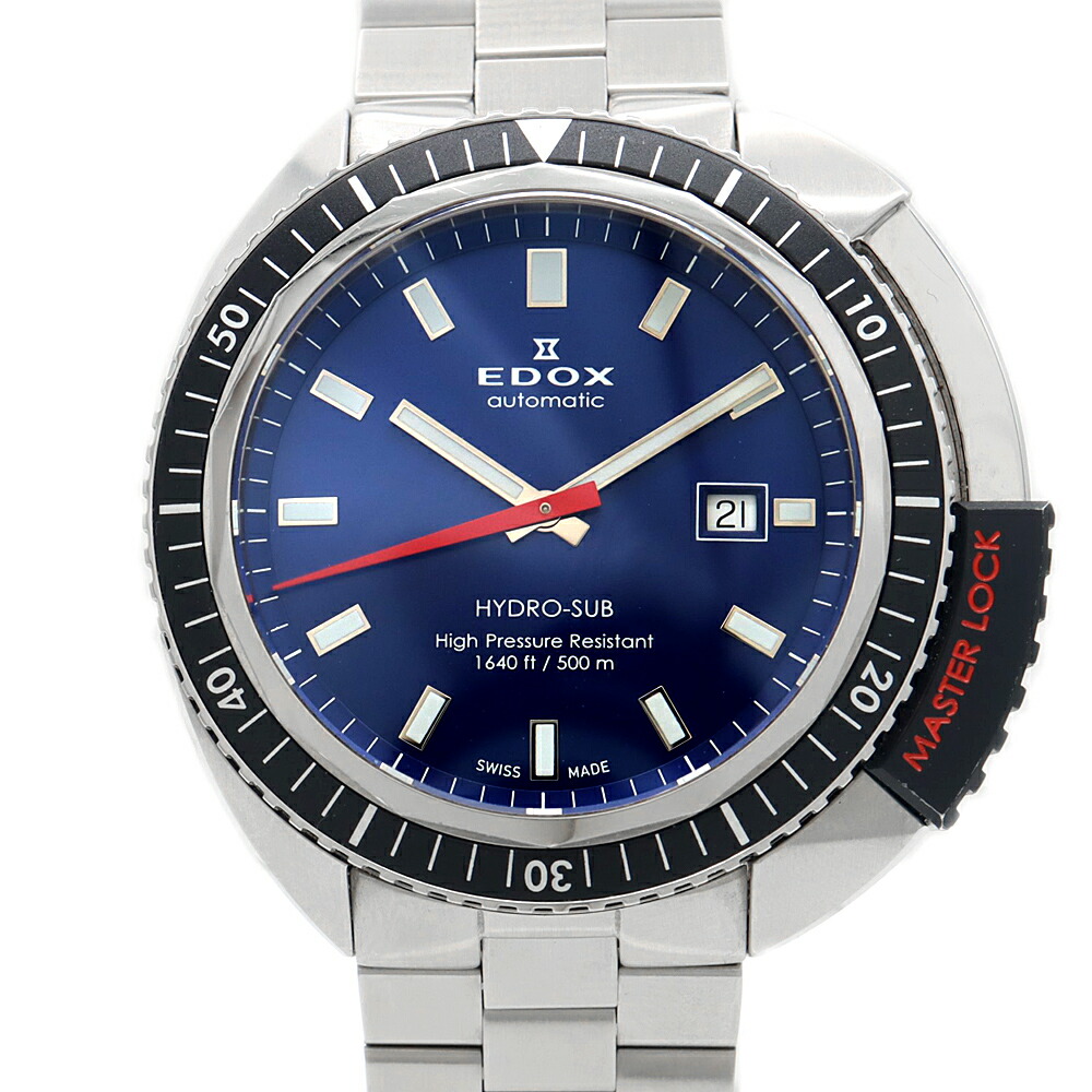 内部的読み合わせる済 EDOX エドックス ハイドロ控え選手 80301-3NM-BUIN デイト 500m雨合羽 青 青み SS ステンレス鋼 メンズ 自動小銃一巻き【6ヶ月引き受ける】【ウオッチ】【中古】