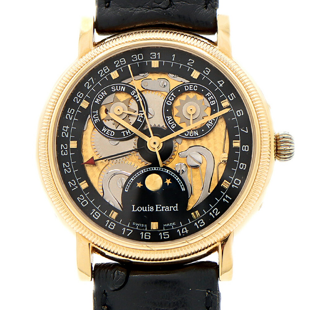 【SUPER SALE!!】Louis Erard ルイエラール トリプル暦 お月さま位相角 82.0798 裏スケ スケルトン 黒 黒いこと YGP 黄色ゴールド 純然たる三尺帯 純然たる尾錠 メンズ 自動小銃一巻き【6ヶ月引きうける】【ウオッチ】【中古】