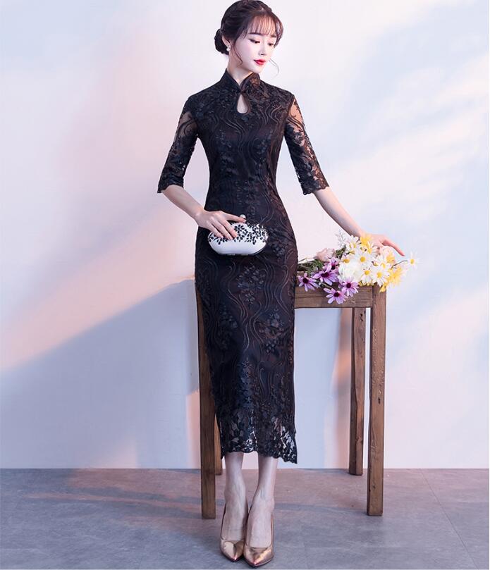 超大特価 パーティードレス お呼ばれ フェミニン イブニングドレス 5分袖レース ウェディングドレス セクシー マキシ丈ワンピース チャイナドレス 品質良い 花柄 黒 S M L Xl 2xl 3xl 30代40代50代 着痩せ フォーマル エレガント 結婚式 二次会 n24 Com