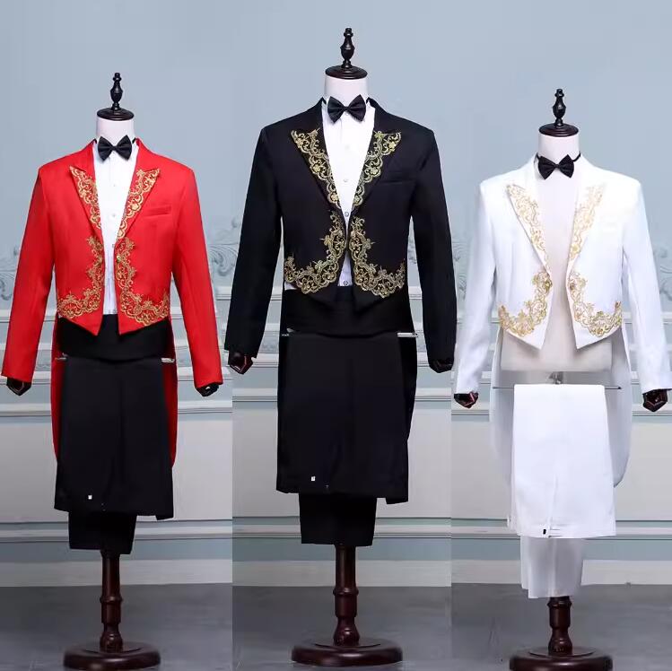 4点セット ジャケット＋ズボン＋蝶ネクタイ＋ベルト 燕尾服 刺繍 テールコート 魔術師 タキシード メンズスーツ マジシャン ゴシック 王子様 忘年会 成人式 タキシード ダンス 衣装 ジャズ ジャズウェア 撮影 イベント ステージ 合唱 ピアノ 発表会 フォーマル 大人 演出