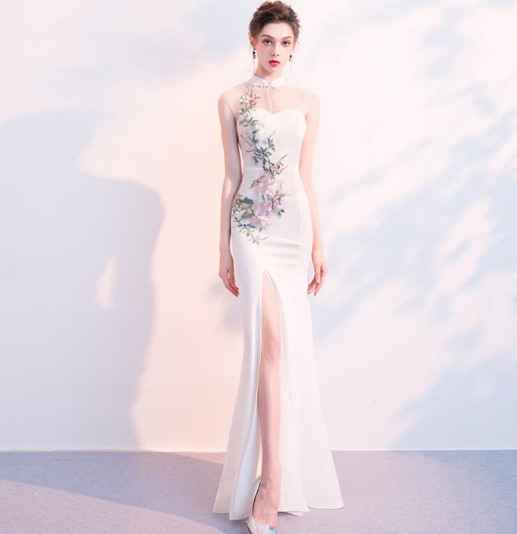 正規激安 お呼ばれ フェミニン パーティードレス イブニングドレス 二次会 結婚式 エレガント フォーマル 着痩せ 代30代40代 Xs S M L Xl 2xl ウェディングドレス セクシー マキシ丈ワンピース チャイナドレス 品質良い 花柄 スリットワンピース 立ち襟 白