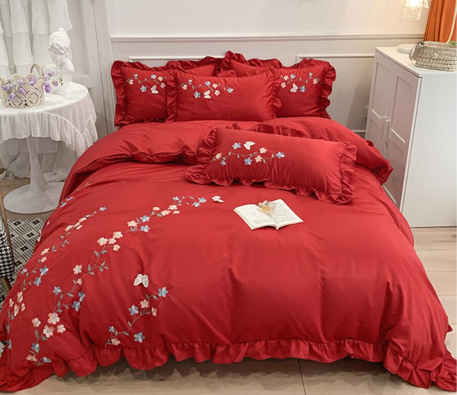 韓国風 肌に優しい 敷き布団カバー 枕カバー フラットシーツ 四季通用 布団カバーセット シングル 姫系 寝具カバー 掛け布団カバー プレゼント 洗える 可愛い 春夏秋冬 ベッド用品 4点セット 花柄 学生 1 5m 1 8m 2 0m 学生 抗菌防臭 お姫様風 レーヨン 刺繍