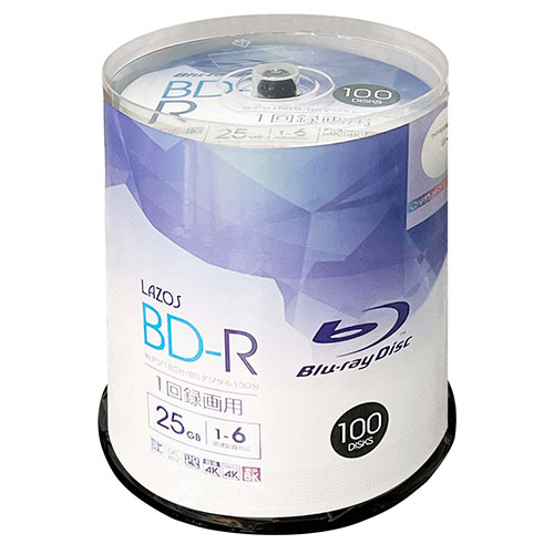 【600枚セット(100枚×6セット)】 Lazos BD-R ASNL-B100PX6|パソコン ドライブ ブルーレイディスク・メディア