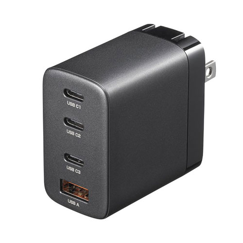サンワサプライ USB PD対応AC充電器 PD65W・C&times;3+A&times;1 1台で複数デバイスを同時充電可能 ブラック ASNACA-PD107BK|パソコン パソコン周辺機器 ACアダプタ｜緑花堂ストア