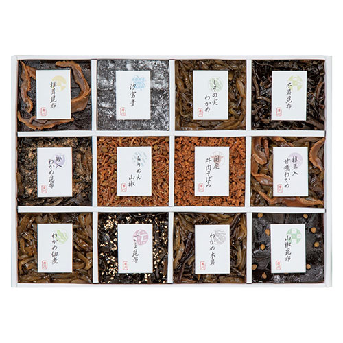 廣川昆布 御昆布 12品佃煮詰合せ 【ごま昆布・椎茸昆布・しその実わかめ・椎茸入甘煮わかめ・鰹入わかめ昆布・山椒昆布・わかめ佃煮 ほか】 ASNL1093085|食品 食品