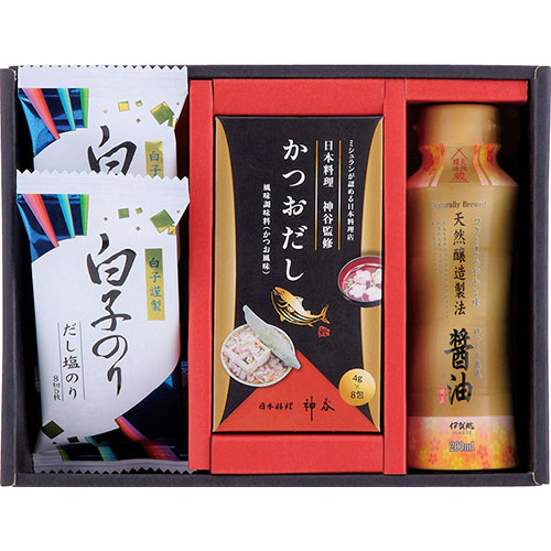 【5セット】 和の調味料詰合せ 白子だし塩のり(8切5枚)×2、伊賀越天然醸造しょう油(200ml)・日本料理神谷監修かつおだし(4g×8袋)×各1 ASNL9058516X5|食品 食品