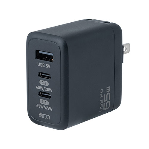 MCO GaN 65W USB PD充電器 ブラック ノートPCとスマートフォンを同時に高速充電 ASNJYU-ACU013BK|スマートフォン・タブレット・携帯電話 スマートフォン 充電器