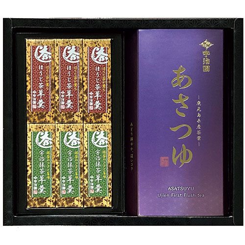 【6セット】 宇治園 緑茶・羊羹セット 【緑茶(あさつゆ)/100g・抹茶一口羊羹/48g×3・ほうじ茶一口羊羹/48g×3】 ASNFUJI-030141131X6|食品 飲料