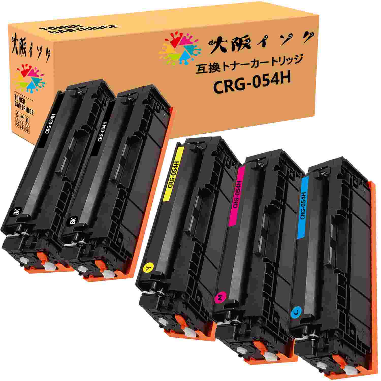 トナーカートリッジ CRG-054HBLK ブラック 黒 互換 (キャノン) 汎用トナーCRG 054H 5本 対応機種：MF644Cdw / MF642Cdw / LBP622C / LBP621C　キャノン CRG-054H 汎用・互換 トナーカートリッジの印刷枚数は（１本あたり）ブラック: 約3,100枚 カラー: 約2,300枚