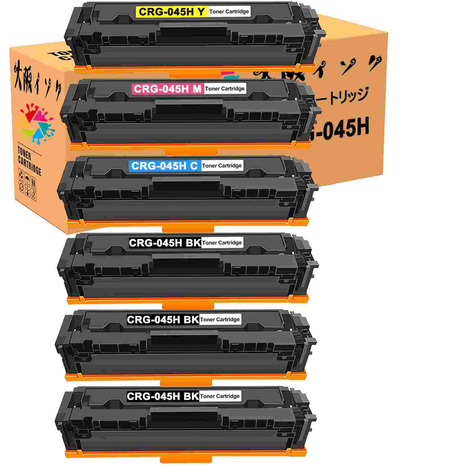 トナーカートリッジ CRG-045H取り替えっこ Canon(加農砲) 汎用トナーCRG-045HBLK（3BK）+CRG-045H（1CYN/1MAG/1YEL）足し加える6本マルチ風呂敷き包み 相応う機種：LBP611C / LBP612C / MF632Cdw / MF634Cdw印字枚数: 黒いこと 2,800枚/本；色合い 2,200枚/本（A4質問用紙・印字率5％の切っ掛け）