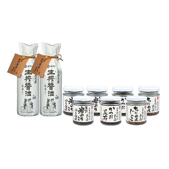 タケサン 生搾醤油・佃煮詰合せ 生搾醤油360ml×2本、天然岩のり入り佃煮100g×各3、かつお昆布50g・ちりめんじゃこ38g×各2 【送料無料】