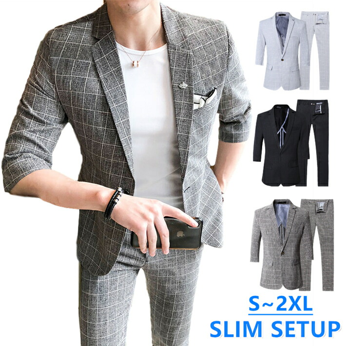 楽天市場 チェック柄 スーツ セットアップ メンズ テーラード オシャレ スリム テーパードパンツ 5分袖 7分袖 上下セット ２点セット サマースーツ カジュアル おしゃれ ビジネス 夏 結婚式 二次会 パーティー 送料無料 Ryoukou楽天市場店