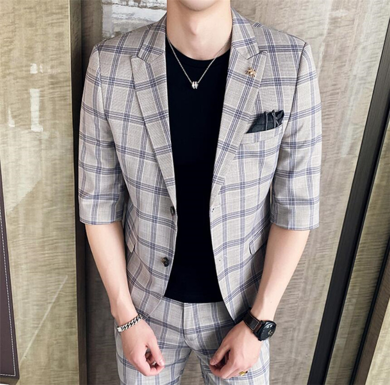 お気にいる スーツ メンズ 夏 7分袖テーラード セットアップ メンズ カジュアルスーツ スリムスーツ テーパードパンツ 上下セット ２点セット メンズ サマースーツ チェック柄 ジャケパン おしゃれ ビジネス 結婚式 二次会 パーティー ちょいワル お兄系 サロン 送料