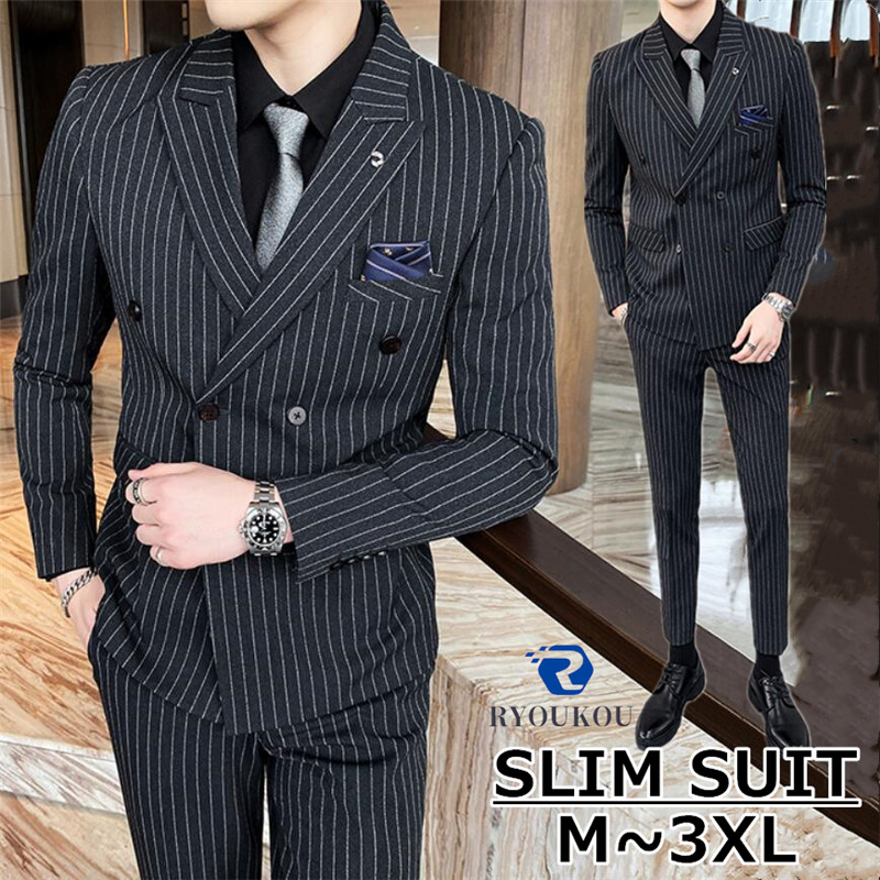 オープニング大放出セール スーツ メンズ ストライプ柄 テーラード ジャケット スリムパンツスーツ 2点セットアップ 上下セット スリム スーツ カジュアル 通勤 ビジネス 結婚式 国内最安値 Www Balloonylandkw Com