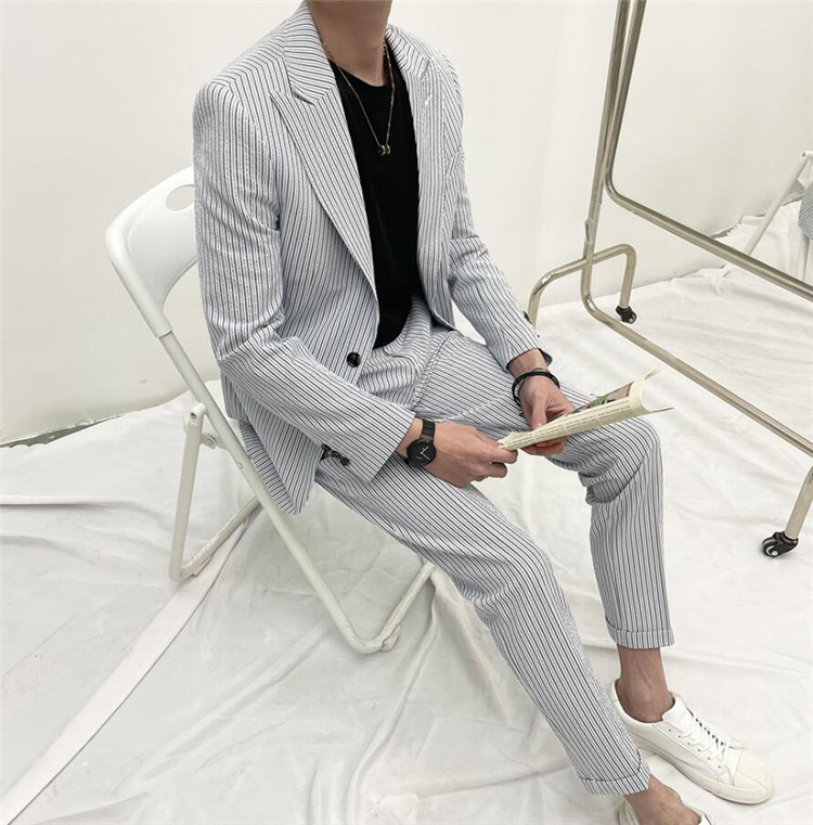 スリムスーツ セットアップ メンズ 春夏 シアサッカー ジャケット パンツ ストライプ柄 カジュアルスーツ ビジネススーツ 上下2点セット 2ピーススーツ 洗える おしゃれ 上下セット ジャケパン オシャレ ファッション サロン 結婚式 二次会 送料無料