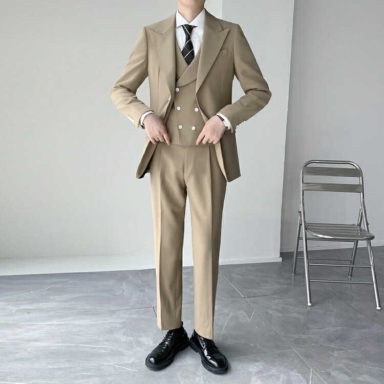 襟付きベスト スリーピーススーツ メンズ 秋冬 春 2ボタン オシャレ 3ピーススーツ セットアップ スリムスーツ ビジネススーツ スタイリッシュ 細身 オフィス 通勤 結婚式 二次会 成人式 オールシーズン キャメル送料無料 Sermus Es