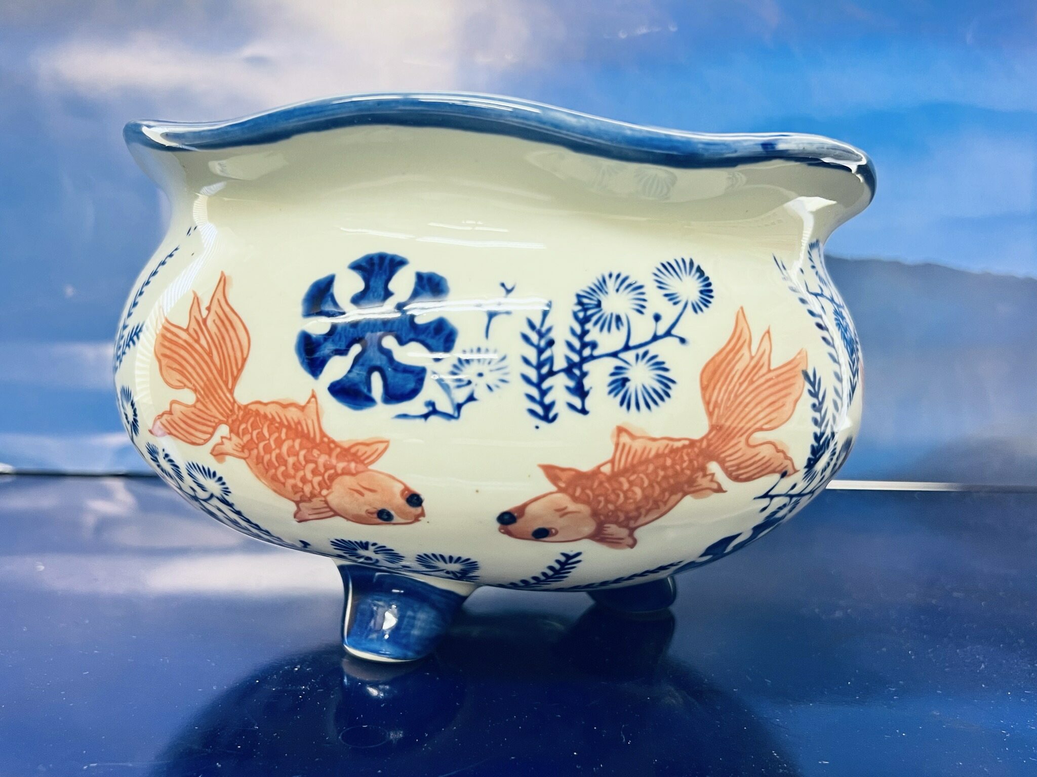 美品　陶器　染付　丸紋　盃洗　年代物　当時物　竹や紫陽花の染付が素敵な 美品 陶器 染付 丸紋 盃洗 年代物 当時物 竹や紫陽花の染付が