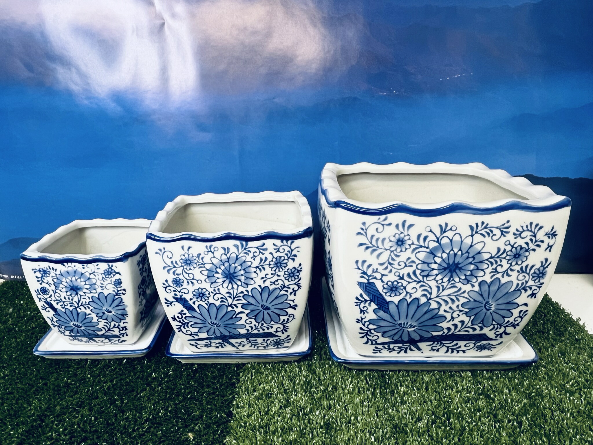 美品　陶器　染付　丸紋　盃洗　年代物　当時物　竹や紫陽花の染付が素敵な 美品 陶器 染付 丸紋 盃洗 年代物 当時物 竹や紫陽花の染付が