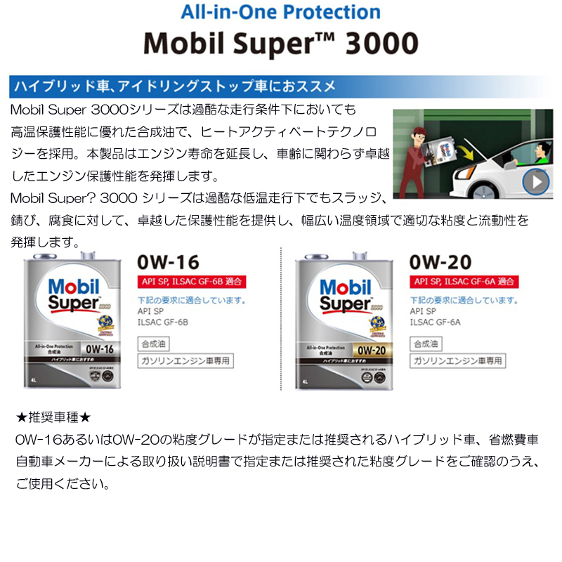 楽天市場 合成油 ハイブリッド車 アイドリングストップ車におすすめ モービル スーパー3000 0w 16 0w16 Sp Gf 6b 4l 1ケース 4l 6 省燃費車 両総屋