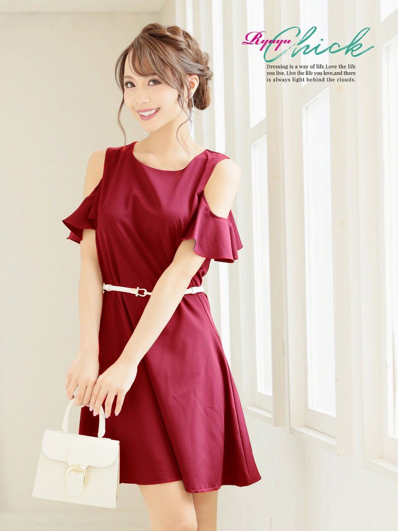 楽天市場 キャバ クラ キャバワンピース ワンピース パーティードレスオープンショルダー フリル袖 膝丈 フレア あす楽 セクシードレス 赤 黒 プチプラ Aライン プチプラ 大きいサイズ Rselect