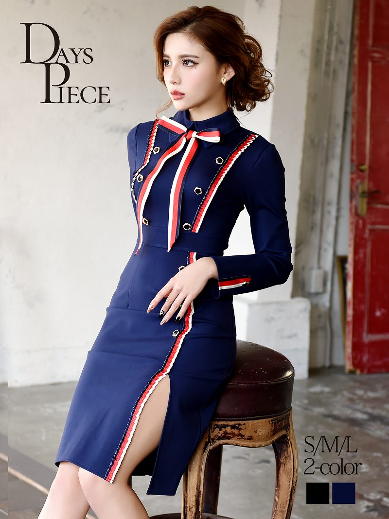 メール便無料 ネックリボン スリット 袖付き トリコロール タイト かわいい キャバドレス 二次会 膝丈 長袖 ドレス 韓国スタイル ラウンジドレス 10 Offクーポンあり キャバ ドレス 韓国 韓国ワンピース ワンピース パーティードレス トリコロール タイト アフター