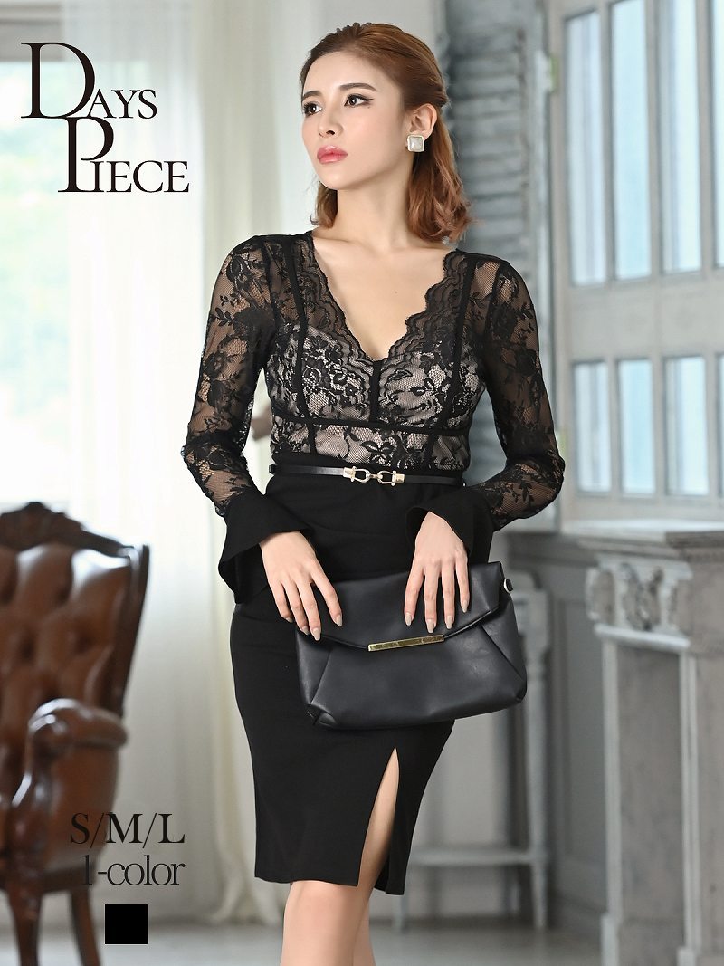 ベルスリーブ パーティードレス スリット シースルー シースルー 膝丈 タイト ミニドレス フラワーレース キャバドレス ベルト付き フラワーレース 韓国 オルチャン キャバ ドレス キャバドレス 韓国ドレス ミニドレス パーティードレス Dayspiece フラワーレース