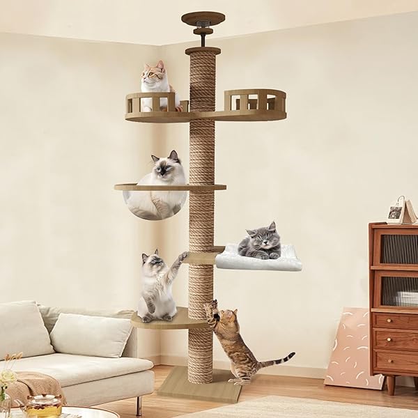 CozyMeow キャットタワー 木製 キャットハウス つめとぎ　165cm Amazon | CozyMeow キャットタワー 木製 スリム 宇宙船 据え置き