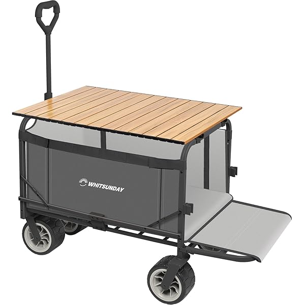 アウトドアワゴン 【後部展開可】【テーブル付き】特大容量300L 耐荷重200kg 長物対応 キャリー【ベアリング付き】 ワンタッチ収束型 自立収納 キャリーワゴン キャリーカート キャンプカート (灰)|りゅうわ店