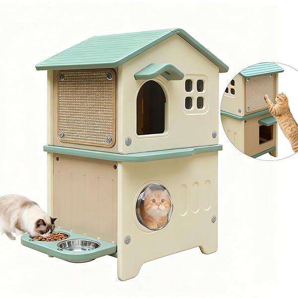 室外用猫住みか 耐候性可塑性物質製 猫用高さ付き添い人食器・猫用スクラッチパッド・逃げ失せる部屋の入り口