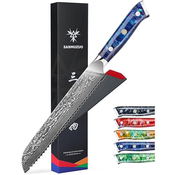 8” Bread Knife Serrated Kitchen Chef Knife- Damascus Steel \u0026 Resin Handle - Xuan Series (Sapphire Blue)
