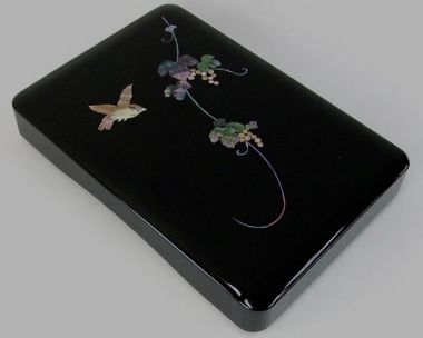 漆ペンキ塗り 硯箱 螺鈿 ぶどうに鳥 5.5寸 （横幅16.5糎） 丘陵塗師細工「表意文字装置 取り片づける箱 持ちはこび用」