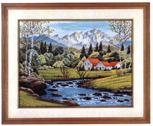 ビンテージ絵画　文化刺繍 山小屋　雪化粧した山脈 ハンドメイド ビンテージ絵画 文化刺繍 山小屋 雪化粧した山脈 ハンドメイド