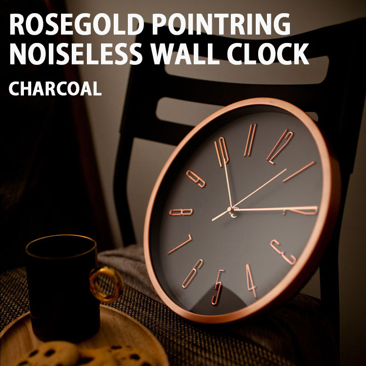 BANANA工房 時計 壁掛け時計 韓国雑貨 Rosegold Charcoal Pointring Noiseless GLASS Wall Clock 静音 ノイズレス オシャレ 韓国インテリア