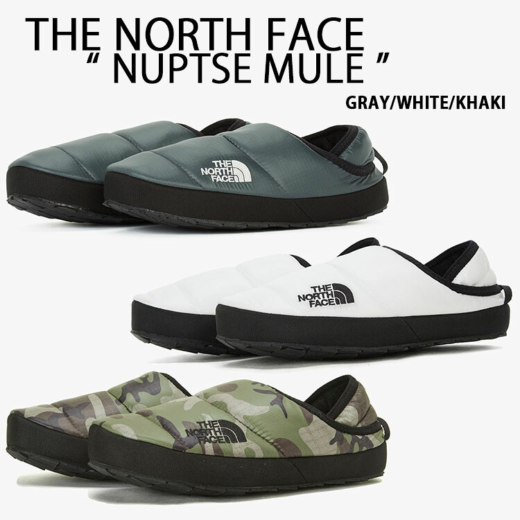 THE NORTH FACE ノースフェイス ダウンサンダル ダウンミュール NUPTSE MULE ヌプシ ミュール スリッポン GRAY WHITE KHAKI CAMO 上履き 外履き 会社用 学校用 メンズ レディース NS93Q61B NS93P52D NS93P52B/K