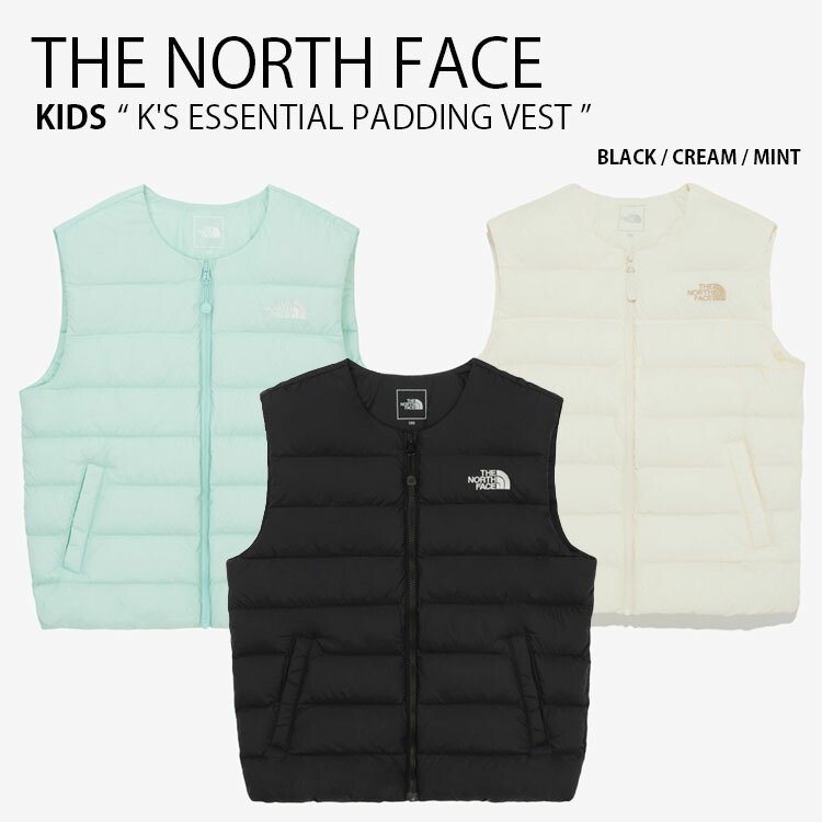 THE NORTH FACE ノースフェイス キッズ パディングベスト K'S ESSENTIAL PADDING VEST エッセンシャル パディング ベスト ジャケット クルーネック ロゴ カジュアル ストリート ブラック アイボリー グリーン 男の子 女の子 子供用 NV3NR01S/T/U