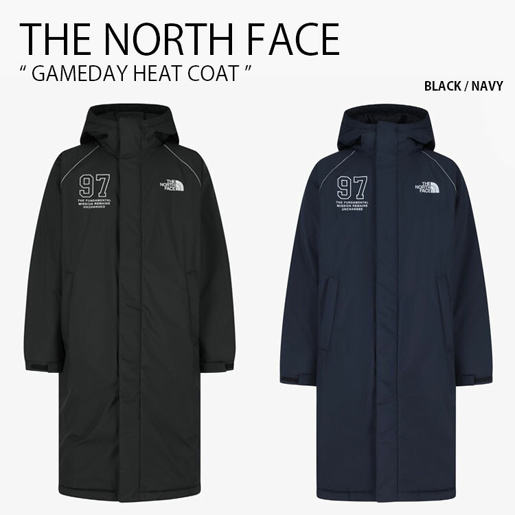 THE NORTH FACE ノースフェイス パディングジャケット GAMEDAY HEAT COAT ゲームデー ヒート コート フード付き ベンチコート ロングコート ロゴ カジュアル ストリート WHITELABEL ブラック ネイビー メンズ レディース 男性用 女性用 男女共用 NC3NR52J/K｜select store LAILAC