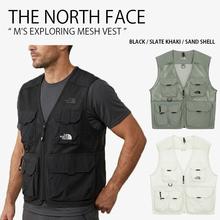 THE NORTH FACE ノースフェイス ベスト M'S EXPLORING MESH VEST エクスプローリング メッシュ ベスト ジレ ベストジャケット ジレベスト ロゴ カジュアル ストリート ブラック カーキ アイボリー メンズ レディース 男性用 女性用 男女共用 NV5VS01A/B/C